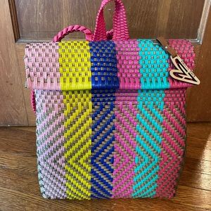 Maria Victoria backpack, multicolor weave, EUC, 12.5”x14”x6”